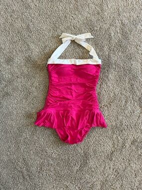 Ralph Lauren Hot Pink One-Piece Swimsuit with White Halter Trim